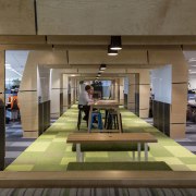 In this fit-out, the upstairs office runway is architecture, interior design, lobby, brown