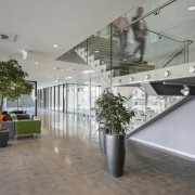 At the Synlait project undertaken by Calder Stewart architecture, ceiling, daylighting, glass, interior design, lobby, real estate, gray