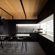 On this fit-out of an architectural firms own architecture, ceiling, countertop, daylighting, house, interior design, kitchen, loft, product design, black