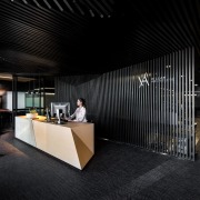 In this fit-out of Hillam Architects own studio, architecture, ceiling, interior design, lobby, black