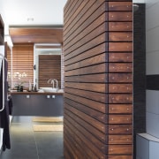 Part of a major bathroom renovation, this showerstall architecture, daylighting, facade, floor, flooring, furniture, hardwood, interior design, wall, wood, wood stain, red