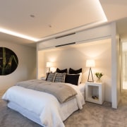 The ceilings in this upmarket apartment are enhanced bedroom, ceiling, estate, home, interior design, real estate, room, gray