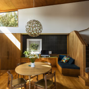 The tones of the wood pantry continue into architecture, ceiling, dining room, home, house, interior design, living room, real estate, room, wood, brown