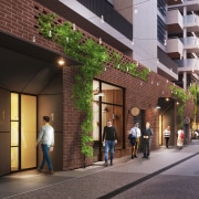 A perspective of an activated laneway in Willis building, mixed use, black