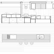 This kitchen design includes a pantry and laundry architecture, area, black and white, design, diagram, drawing, elevation, floor plan, font, line, line art, plan, product, product design, structure, technical drawing, text, white
