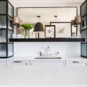 Translucent glass and steel cabinets evoke Chicagos skyscrapers countertop, cuisine classique, furniture, interior design, kitchen, product design, shelf, shelving, white