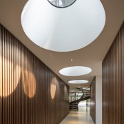 Skylights in this basement level corridor ensure that architecture, ceiling, daylighting, house, interior design, light fixture, lighting, lobby, product design, brown