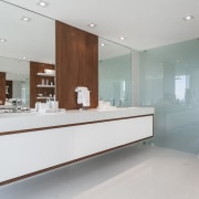 Translucent green glass, stone-look tiles, and white lacquer bathroom, interior design, kitchen, room, sink, gray