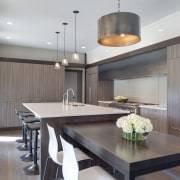 With cabinetry on two walls, a generous cooking ceiling, countertop, dining room, interior design, kitchen, real estate, gray