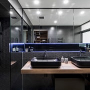 The steam unit in the corner provides a architecture, countertop, interior design, black