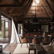 On this award-winning home, the cathedral-like interior has ceiling, interior design, living room, wood, brown, black