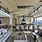 A feature timber ceiling, wood-finished walls and wood ceiling, interior design, living room, real estate, gray