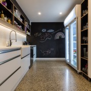 A blackboard  wall at the end of interior design, kitchen, room, gray, black