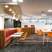 Tea stations feature natural wood joinery custom made ceiling, chair, conference hall, furniture, interior design, office, table, gray, white