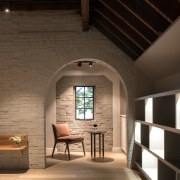 Exposed brick was retained and painted light grey architecture, ceiling, daylighting, floor, home, interior design, wood, black, brown