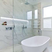 A floor-to-ceiling glass shower screen adds to the bathroom, bathroom sink, ceramic, floor, interior design, plumbing fixture, product design, tap, tile, gray