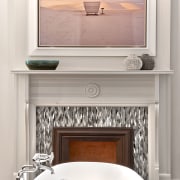 In this master bathroom, the white, soft grey furniture, home, interior design, table, white