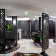 This master suite renovation by designer Kim Duffin ceiling, floor, interior design, living room, lobby, room, gray, black