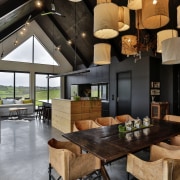 Caramel-coloured dining chairs were inspiration for the macrocarpa dining room, interior design, living room, black