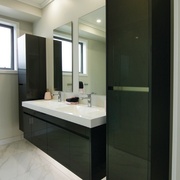 Crisp and contemporary, this bathroom forms part of bathroom, bathroom accessory, room, black, gray