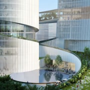 iCarbonX's central public space is partially embedded in architecture, building, city, commercial building, condominium, corporate headquarters, facade, glass, headquarters, house, landscape, mixed-use, property, real estate, reflecting pool, reflection, tower block, urban design, water, gray