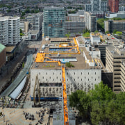 Another view of the bright orange carpeted bridge 