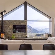 View from the kitchen island. The home's gabled 