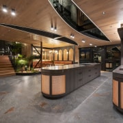 Above the kitchen, illuminated sweeping voids introduce vertical 