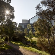 The new building viewed from a leafy, across-campus 