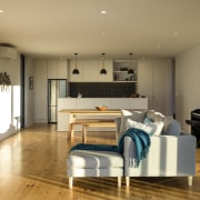 This home challenges the ideals of larger house floor, flooring, interior design, living room, room, wood flooring, brown