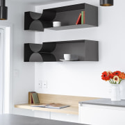 Matt lacquer cabinetry is easy wipe down, and furniture, interior design, shelf, shelving, tap, wall, white, gray