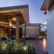 The sheltered outdoor pavilion. - A hip roof 