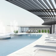 The rooftop pool provides a scenic spot for architecture, hotel, China, building, daylighting, design, floor, headquarters, home, house, interior design, lobby, property, real estate, room, urban design, white