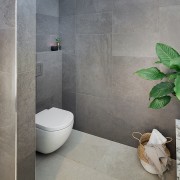 For maximum privacy, the toilet is positioned in architecture, bathroom, ceramic, concrete, floor, flooring, houseplant, interior design, plumbing, plumbing fixture, property, room, tile, toilet, toilet seat, wall, gray