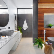 Spotted Gum timber was introduced as a feature architecture, bathroom, building, ceiling, ceramic, countertop, floor, flooring, furniture, home, house, interior design, loft, marble, plumbing fixture, property, real estate, room, sink, tap, tile, gray, white