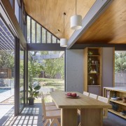 The texture and colour of the wood ceilings 