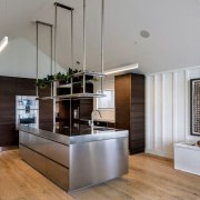 Stainless steel island doors, tops and plinths contrast countertop, floor, interior design, kitchen, gray