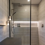 Using soft grey toned tiles in a large architecture, bathroom, daylighting, floor, glass, house, interior design, plumbing fixture, room, sink, tap, tile, wall, gray