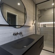 Custom metalwork shelves and mirror frame tie in architecture, bathroom, countertop, interior design, sink, tap, gray, black