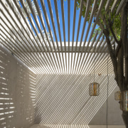 The cooling play of shadow and light is architecture, ceiling, line, tree, gray