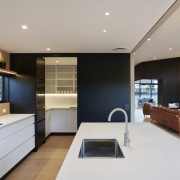 The expansive kitchen with generous work surfaces. 