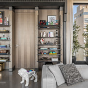 ​​​​​​​Library custom made and designed by Askdeco – 2014 architecture, building, door, furniture, home, house, interior design, living room, property, room, shelf, shelving, gray