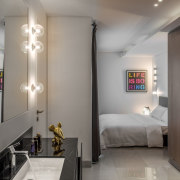​​​​​​​- Life is Boring - Mr. Andre - Screen bed, bedroom, boutique hotel, building, ceiling, floor, furniture, house, interior design, light fixture, lighting, property, room, suite, wall, gray