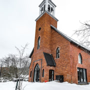 Neogothic architecture with contemporary character architecture, building, chapel, church, medieval architecture, parish, place of worship, roof, snow, steeple, tree, winter, white