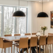 Neogothic architecture with contemporary character building, ceiling, chair, dining room, floor, flooring, furniture, home, house, interior design, kitchen & dining room table, property, real estate, room, table, white