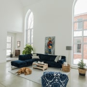 Neogothic architecture with contemporary character architecture, building, ceiling, chair, coffee table, couch, design, floor, flooring, furniture, hearth, home, house, interior design, living room, loft, property, real estate, room, table, white, gray