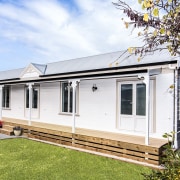 David Wraight Transportable Home With Envira Timber Weather cottage, facade, farmhouse, home, house, property, real estate, siding, white