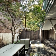 With plenty of shade in certain places, the architecture, backyard, branch, building, ceiling, courtyard, home, house, interior design, landscape, plant, property, real estate, residential area, room, sunlight, tree, wall, gray, black