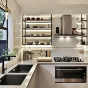 Katie Scott's design evokes the traditional old-world feel countertop, cuisine classique, interior design, kitchen, gray