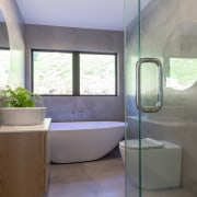Master bathroom - Simple form, balanced proportions, clean architecture, bathroom, home, interior design, property, real estate, room, gray